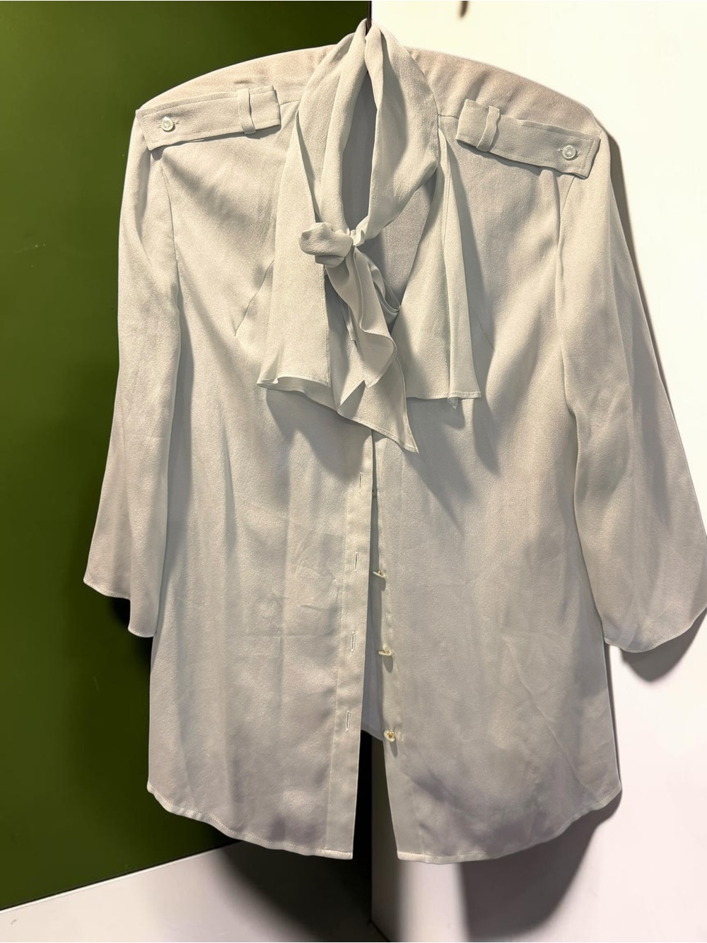 Escada 100% Silk Blouse Light Blue Gray Tie Neck Epaulette No Flaws